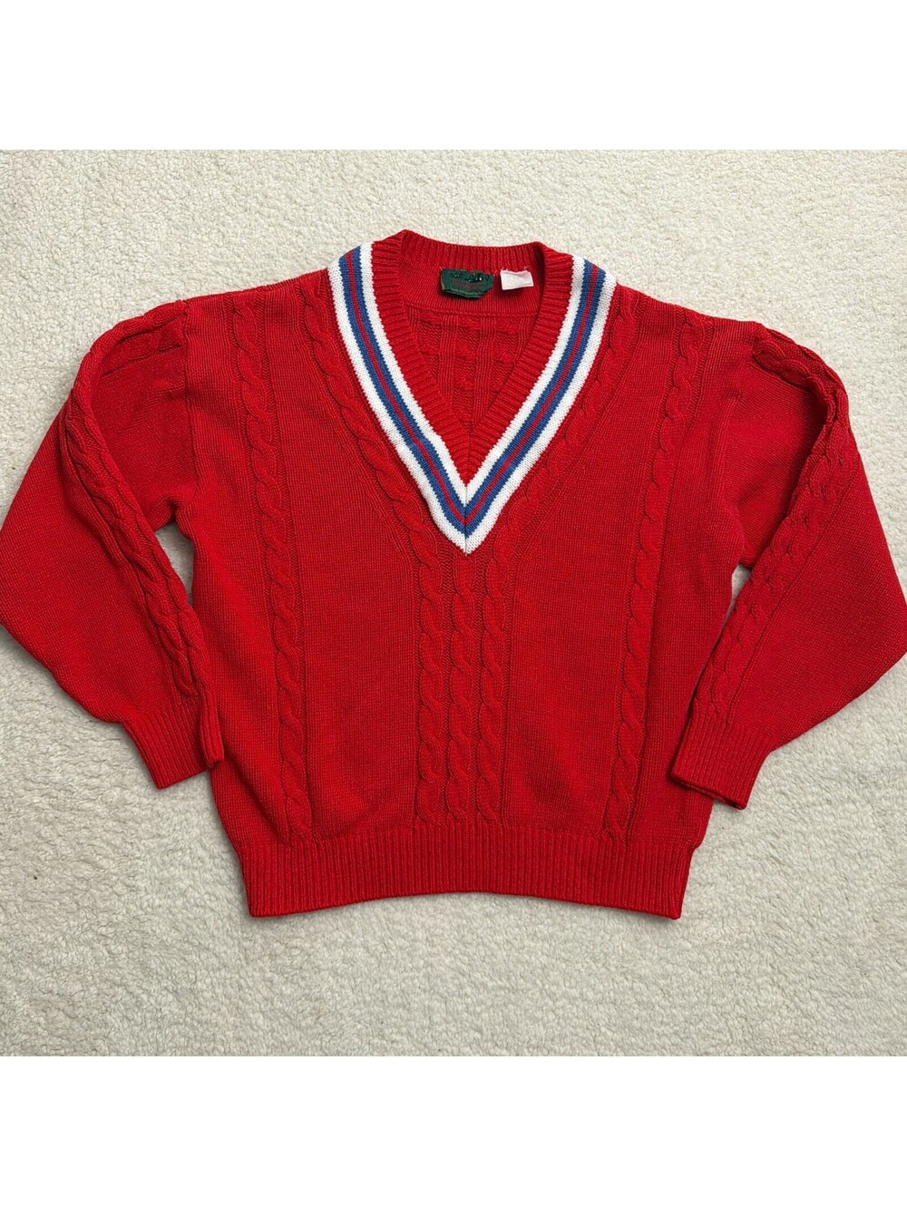 Vintage Northern Reflections Cricket Sweater Womens Red Cable Knit V Neck Tennis
